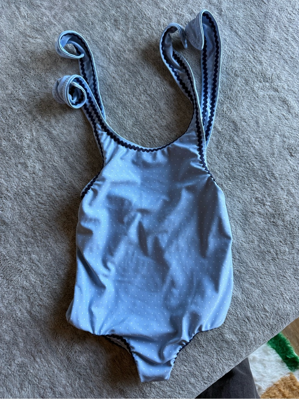 Light Blue Polka Dot Girls' One-Piece Swimsuit with Navy Trim